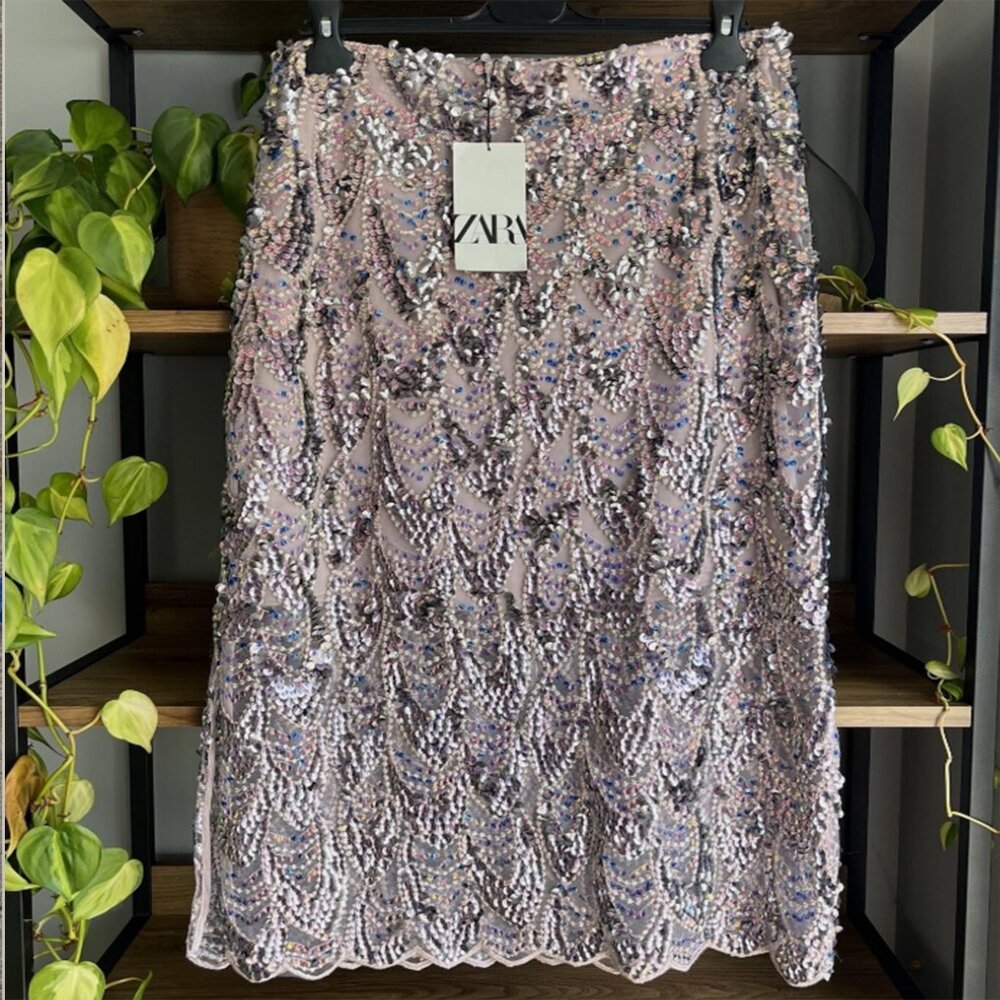 Zara Sequin Midi Skirt L / UK 12 Lilac Mix Scalloped Hem New with Tags